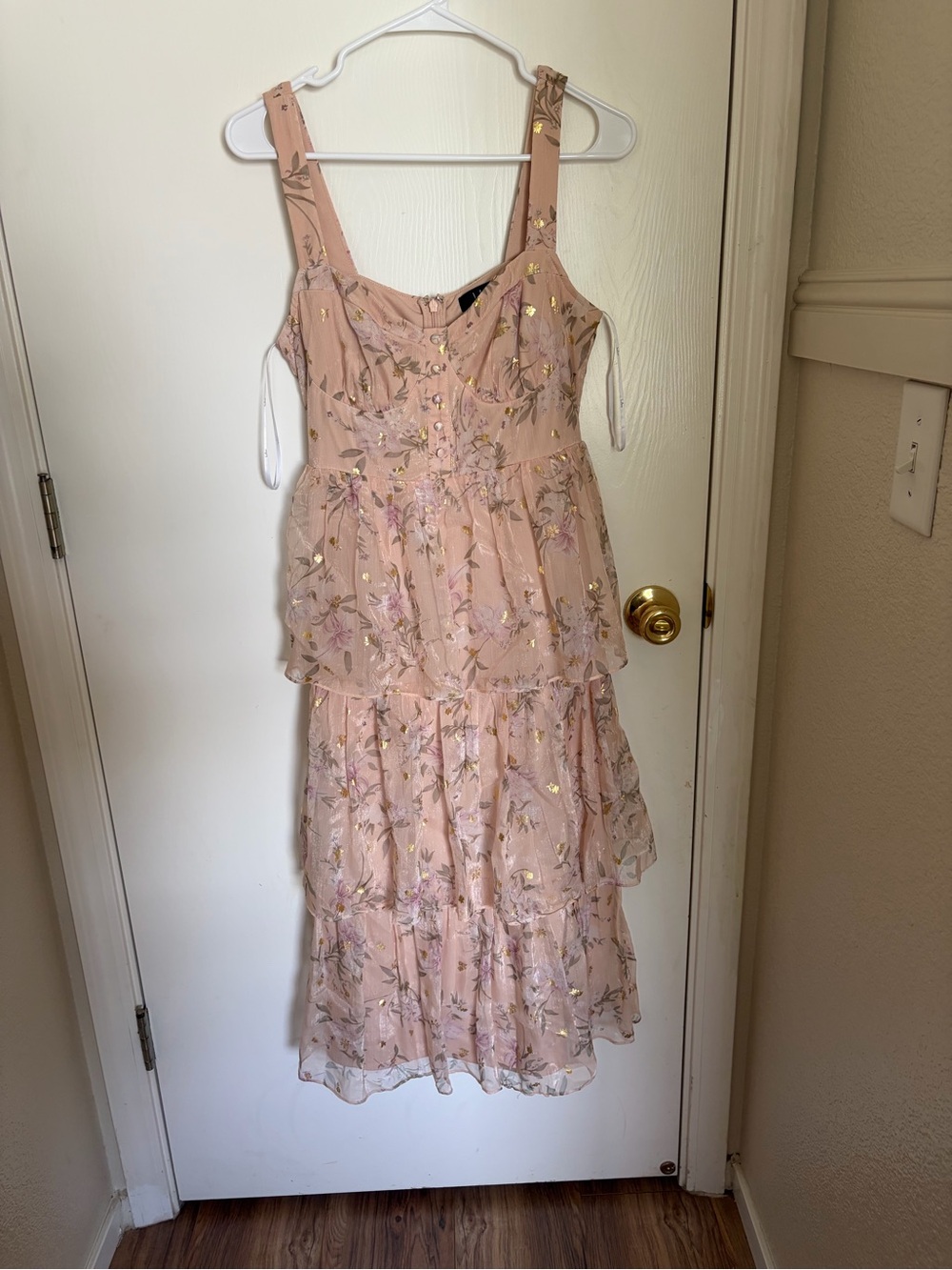 Lulu's Pink Floral Tiered Midi Dress with Gold Accents